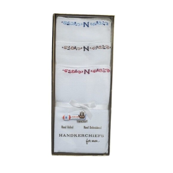 3 NIB Towncraft VTG Handkerchiefs Hand Rolled Embroidered Cotton "N" Rockabilly - Picture 1 of 5
